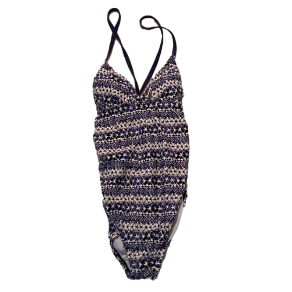 Ingrid & Isabel One Piece Maternity Swimming Suit Lace Up Back Purple Print 8